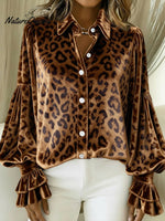 Women's Velvet Leopard Print Balloon Sleeve Shirt
