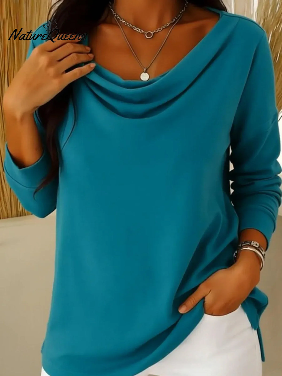 Elegant Draped Collar Solid Color Top
