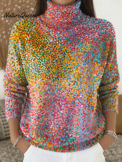 Women's Abstract Dot Pattern Art Print Knit Turtleneck Pullover Sweater