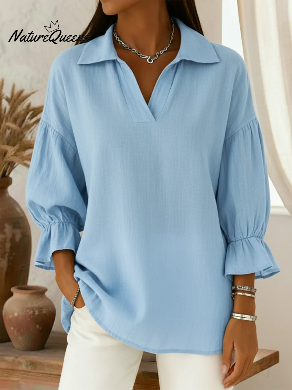 Retro Cozy Polo Collar Lantern Sleeve Linen Shirt Top