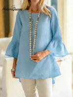 Women's Solid Color Round Neck Three-quarter Sleeve Casual Loose Cotton And Linen Top