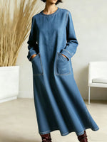 Women's New Spring Collection Round Neck Long-sleeved Casual Loose Denim Dress With Pockets.