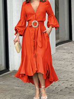 Women's Solid Color V-neck Long Sleeve Casual Loose A-line Dress