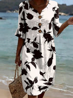 Floral Silhouette Decorative Pattern Polo Collar 100%cotton Dress