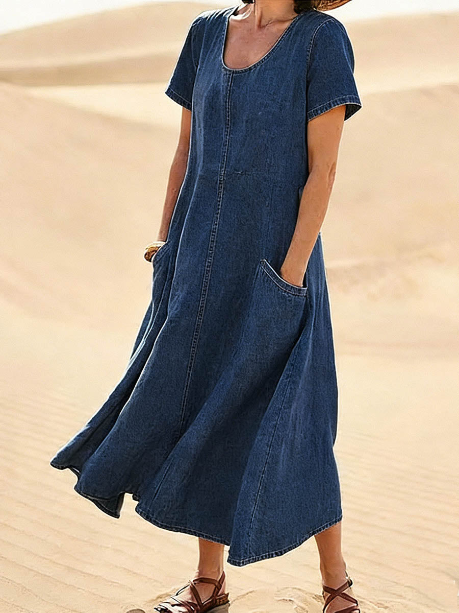 Women's Round Neck Short-sleeved Casual Loose Denim Dress