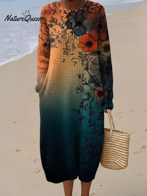 Gradient Flowers Printed Round Neck Knit Dress