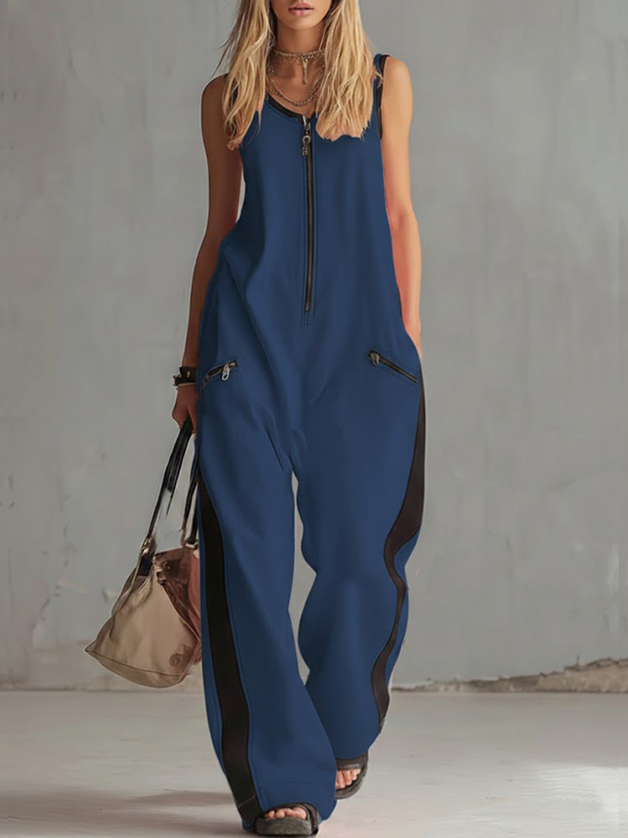 Women's Round Neck Sleeveless Casual Loose-fitting Cotton Wide-leg Jumpsuit