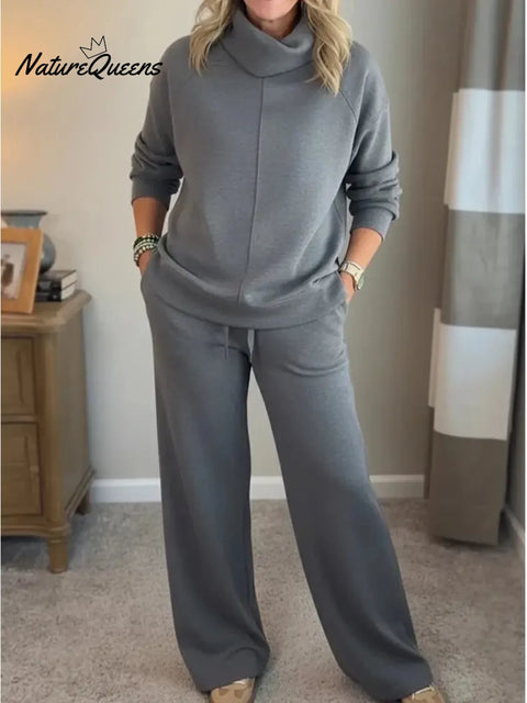 Women's Casual Turtleneck Cotton Sweatshirt And Pants Two-piece Set