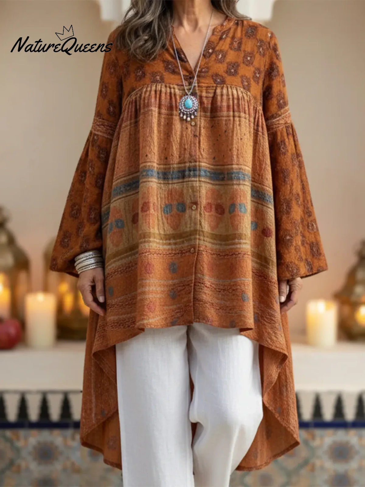 Boho Cozy Retro Print Cotton Linen Shirt