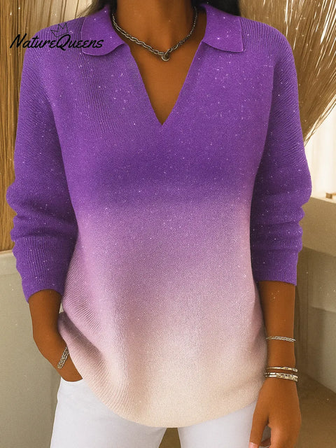 Women's Gradient V-neck Long-sleeved Sequined Casual Loose Knit Top