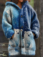 Women's Retro Christmas Animals Polar Bear Snowflake Pattern Art Print Casual Plush Warm Coat