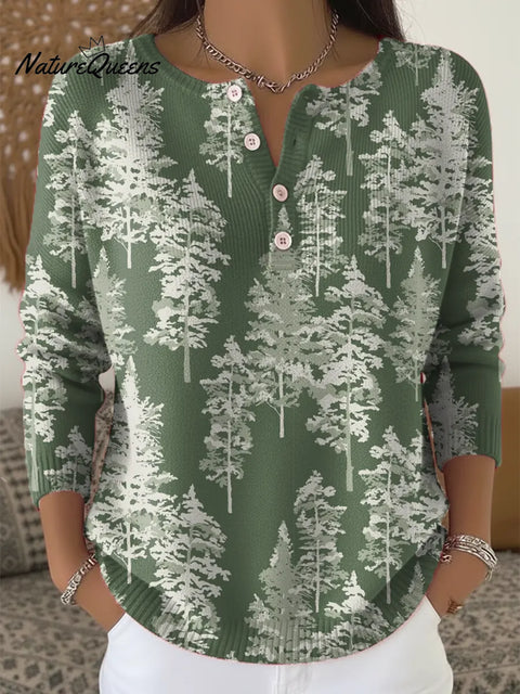 Women's Christmas Tree Art Print Buttoned Cardigan Sweater