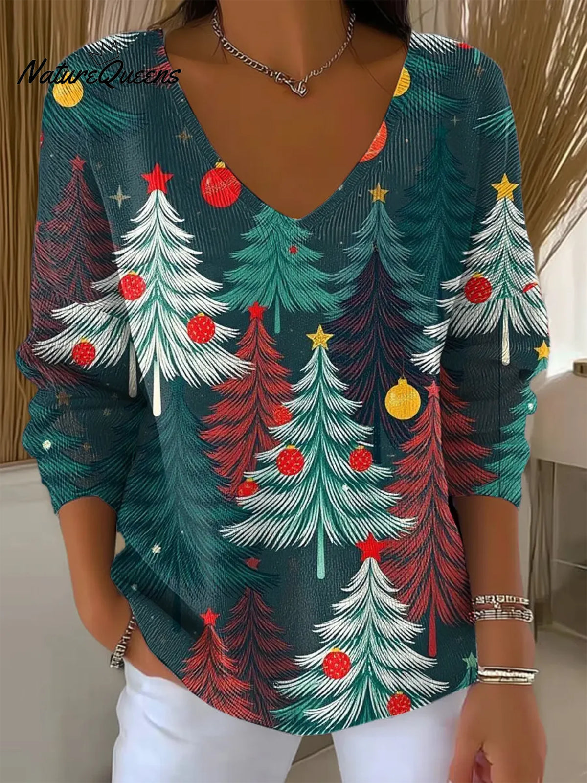 Women's Vintage Christmas Tree Art Print CasualSweater