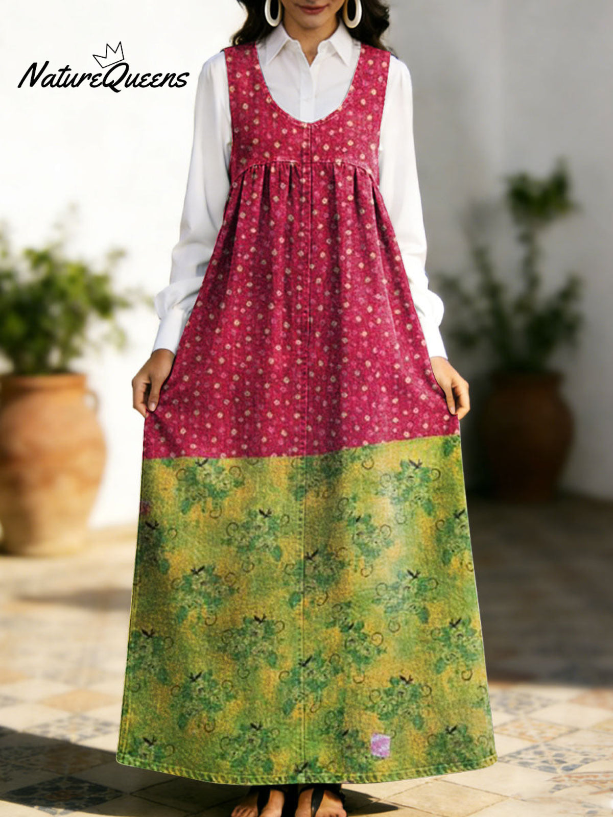 Women's Retro Splicing Colorful Flowers Pattern Art Print Casual Cotton Denim Dress