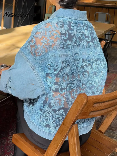 Women's Casual Lace-Patch Denim Jacket
