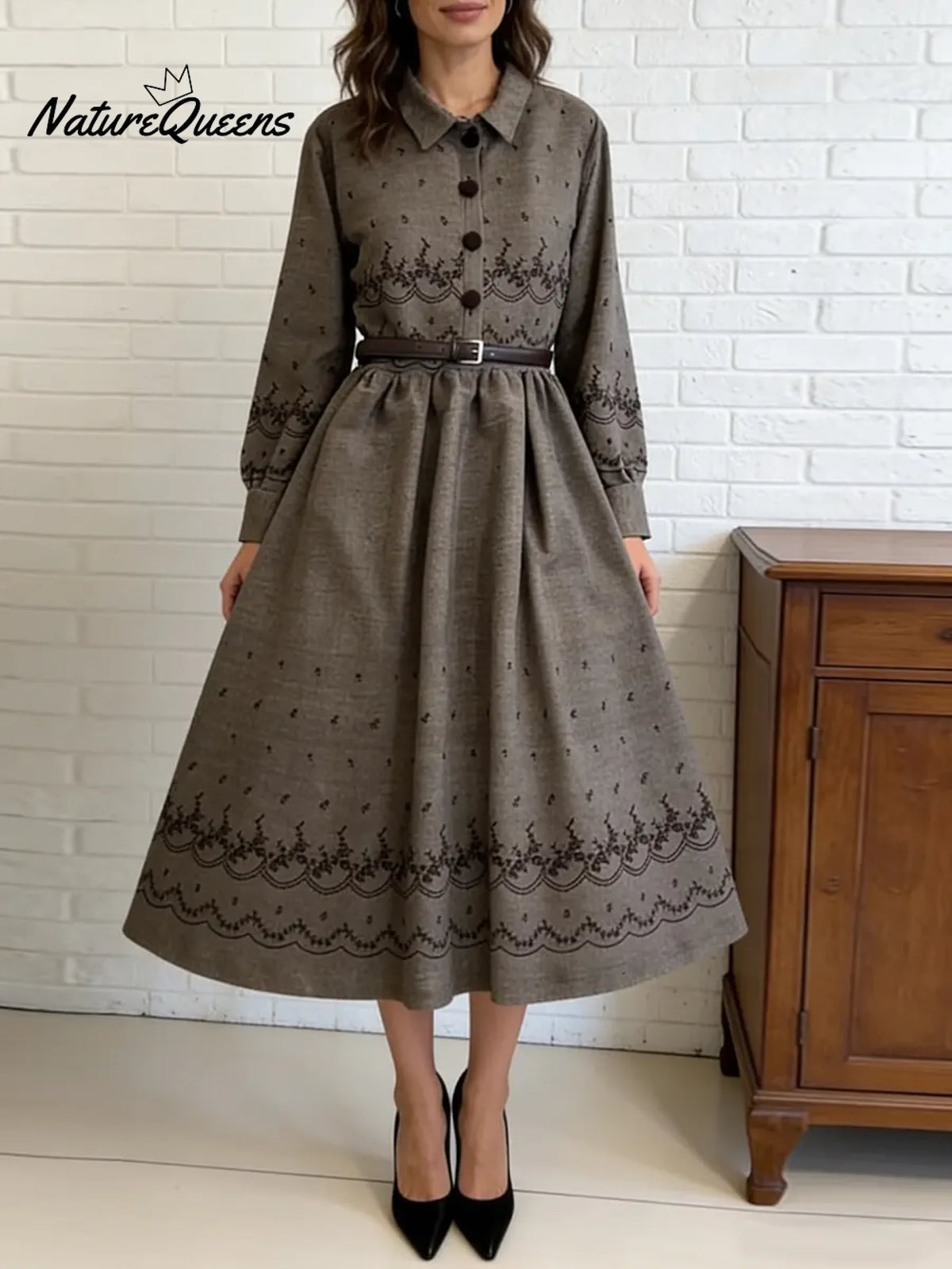 Women's Retro-style Print Shirt Collar Long Sleeve Casual Loose Cotton Dress