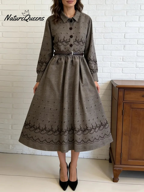 Women's Retro-style Print Shirt Collar Long Sleeve Casual Loose Cotton Dress