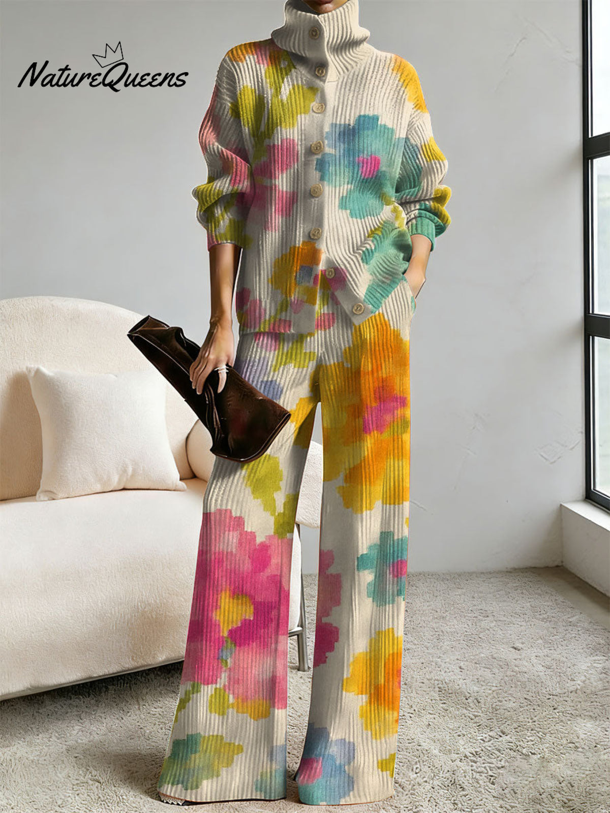 Women's Floral Pattern Art Print Casual Cotton Knitted Suits