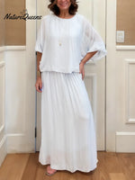 Women's Solid Color Round Neck 4/3sleeve Casual Loose Cotton Linen Top And High-waisted Casual Loose A-line Skirt Set