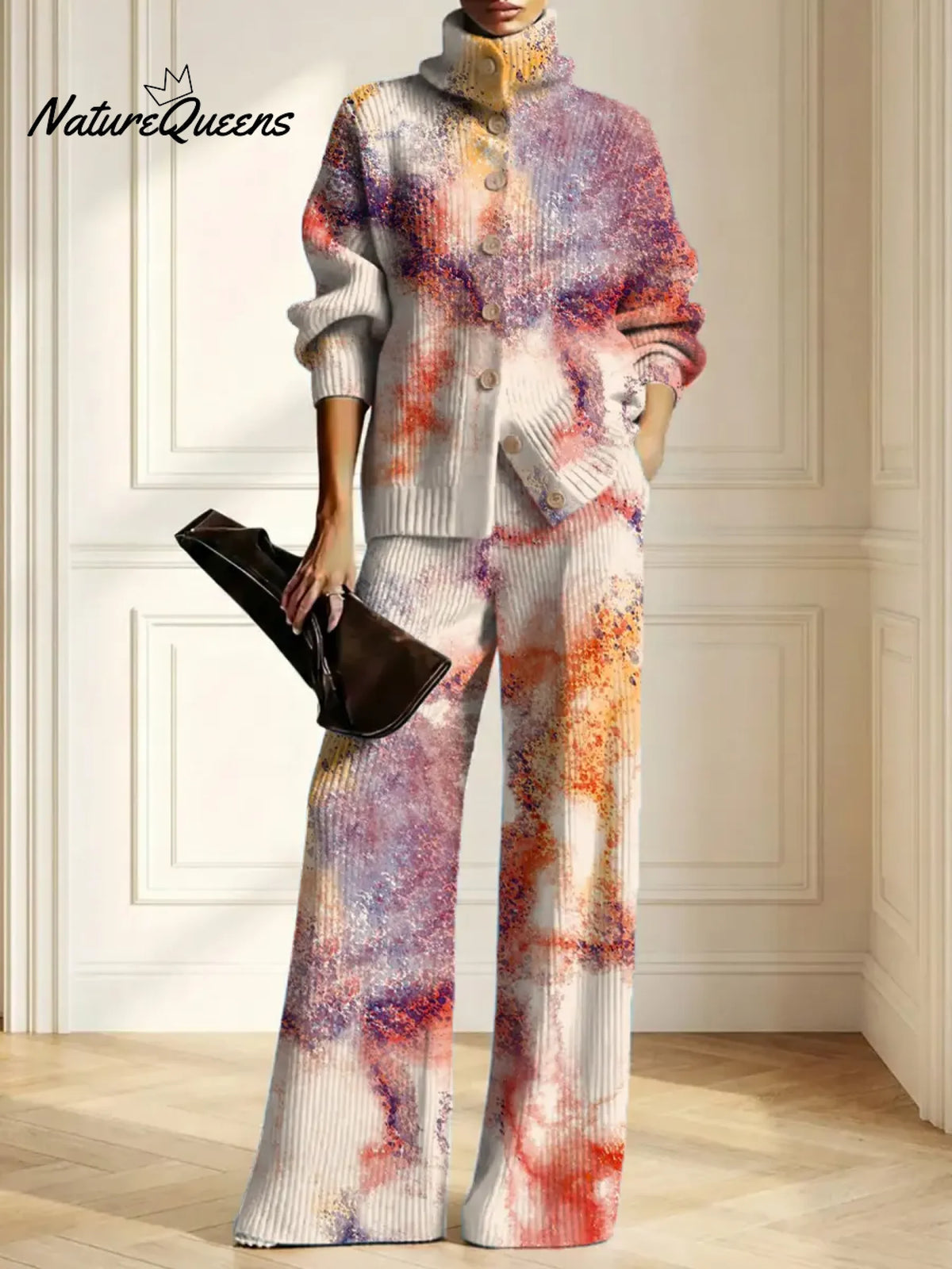 Women's Gradient Color Art Print Casual Cotton Knitted Suits