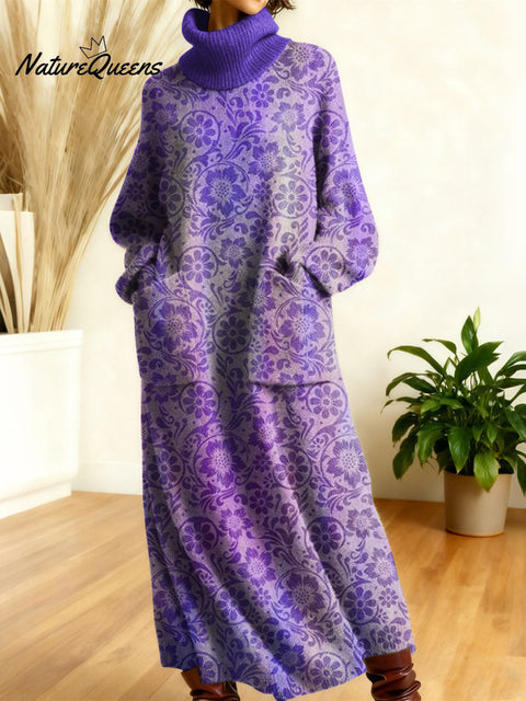 Women's Retro Floral Flowers High-neck Long-sleeve Casual Loose Knit Dress