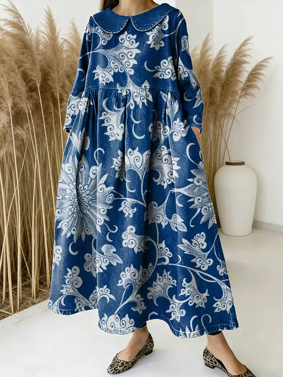 Women Floral Pattern Art Print Casual Denim Dress
