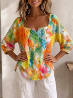 Summer Colorful Watercolor-print Cotton-linen Blouse