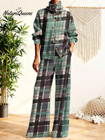 Women's Retro Plaid Pattern Art Print Casual Cotton Knitted Suits