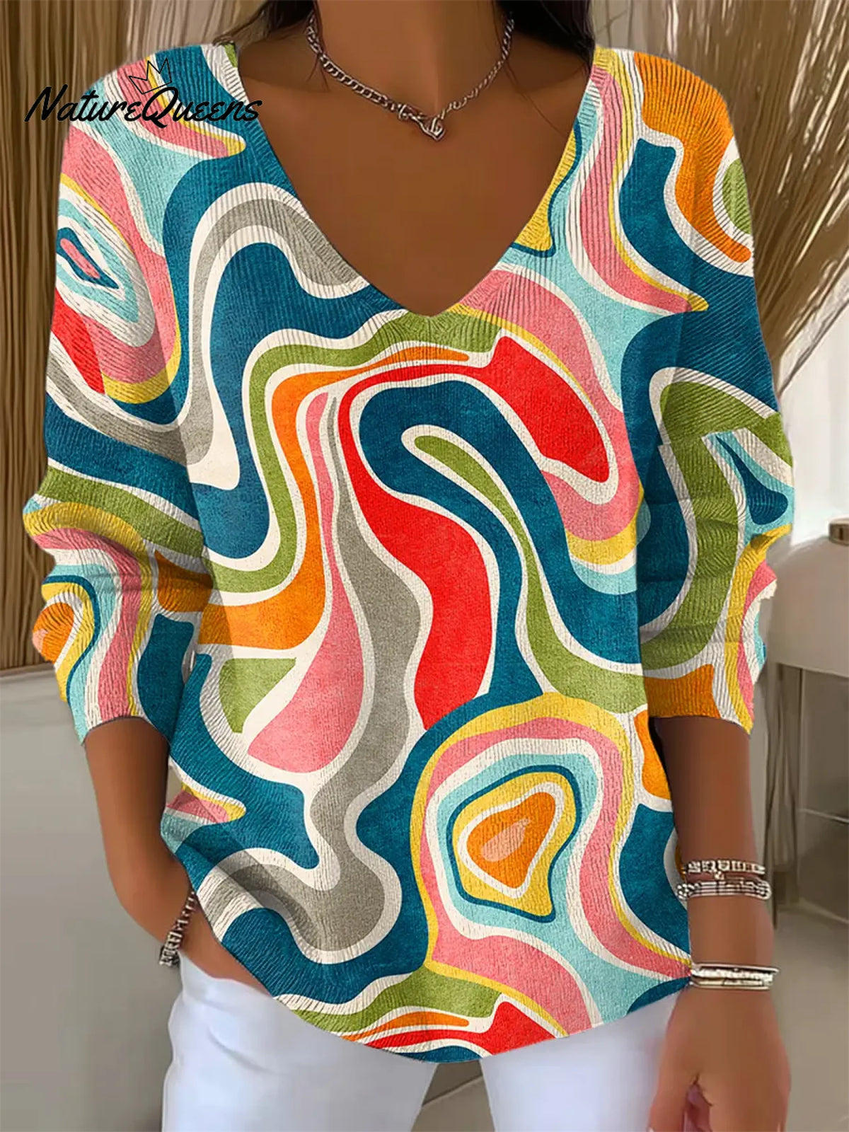 Women's Vintage Geometry Art Print V-neckLooseSweater