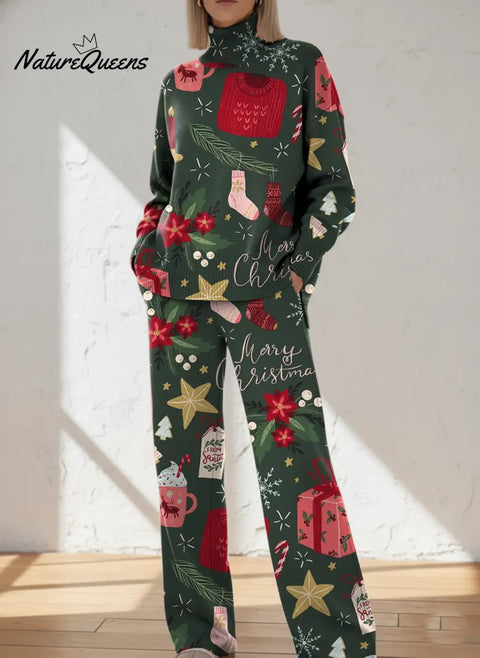 Women's Retro Christmas  Art Print Casual Knit Set