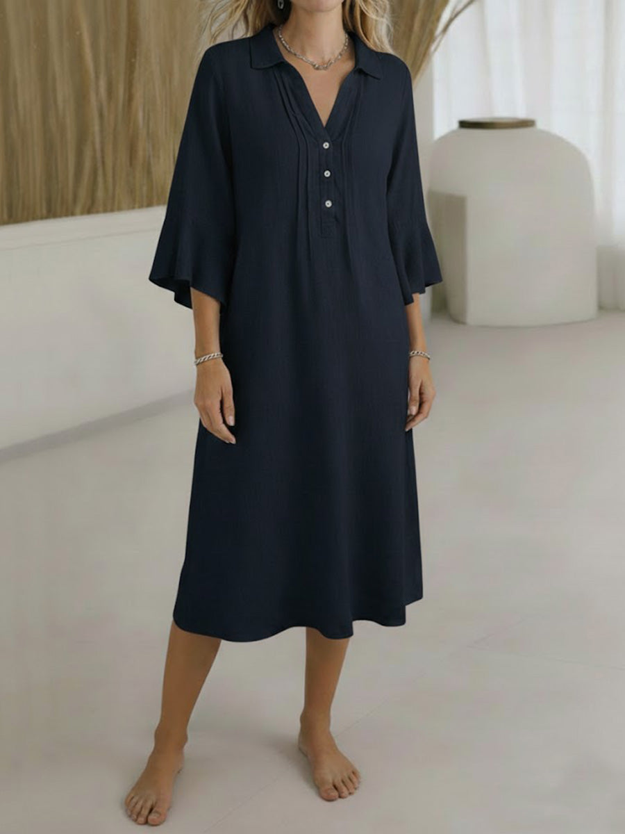 Women's Solid Color V-neck 3/4 Sleeve Casual Loose Linen Dress