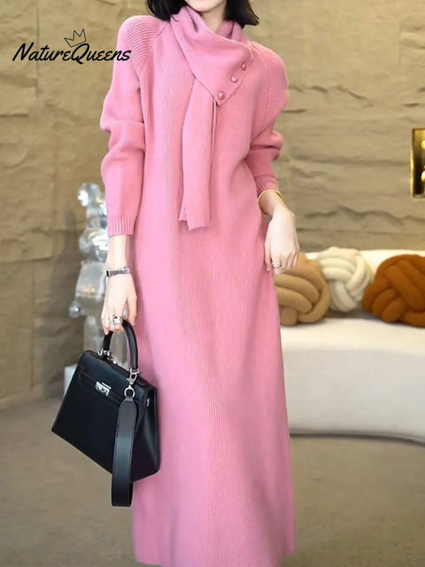Women's Cozy Sweater Dress With Detachable Scarf