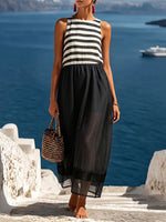 Women's Striped Print Round-neck Sleeveless Dress With Mesh Splicing