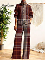 Women's Retro Plaid Pattern Art Print Casual Cotton Knitted Suits