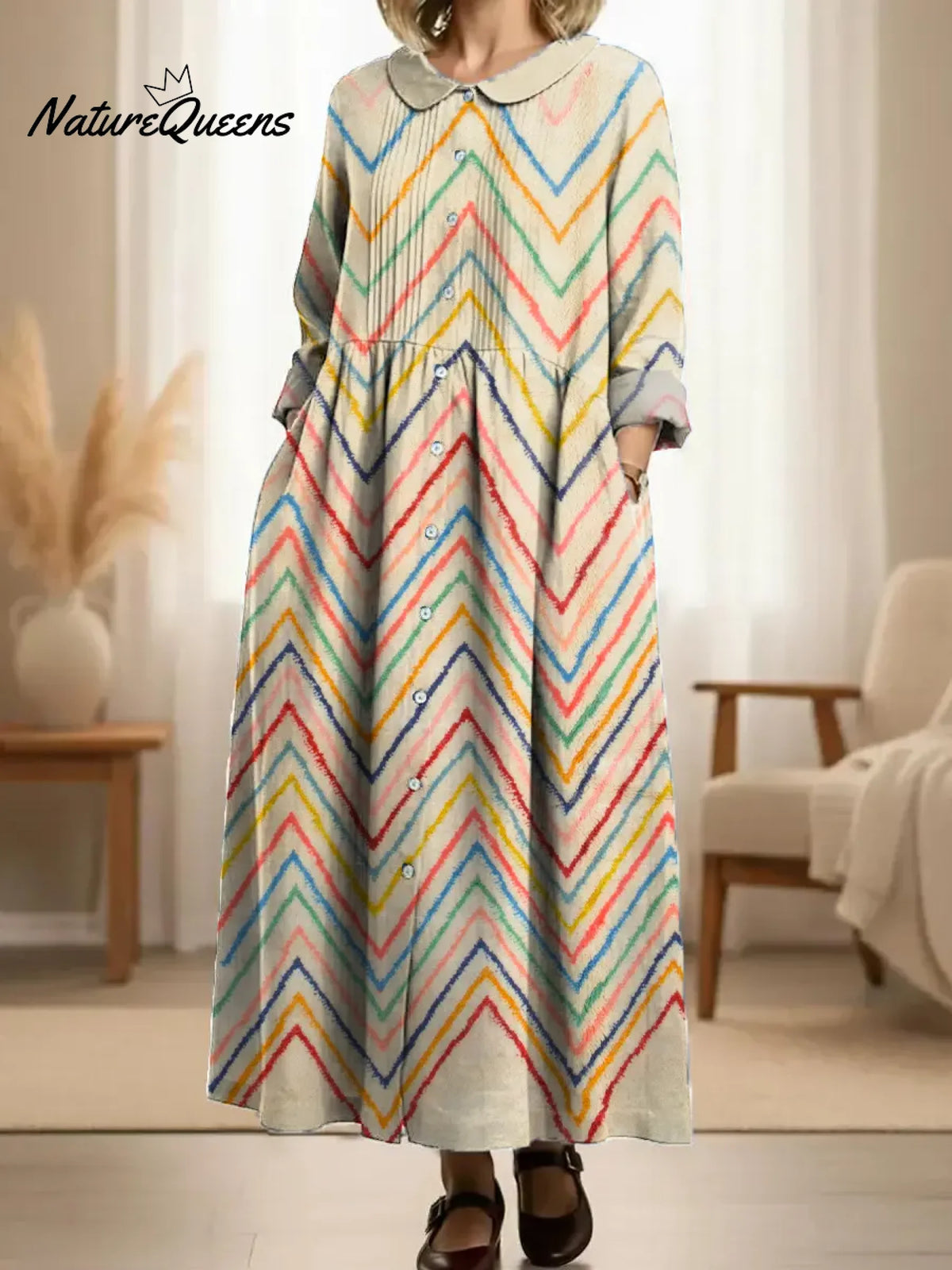 Women's Geometric Line Pattern Art Print Casual Cotton Dress