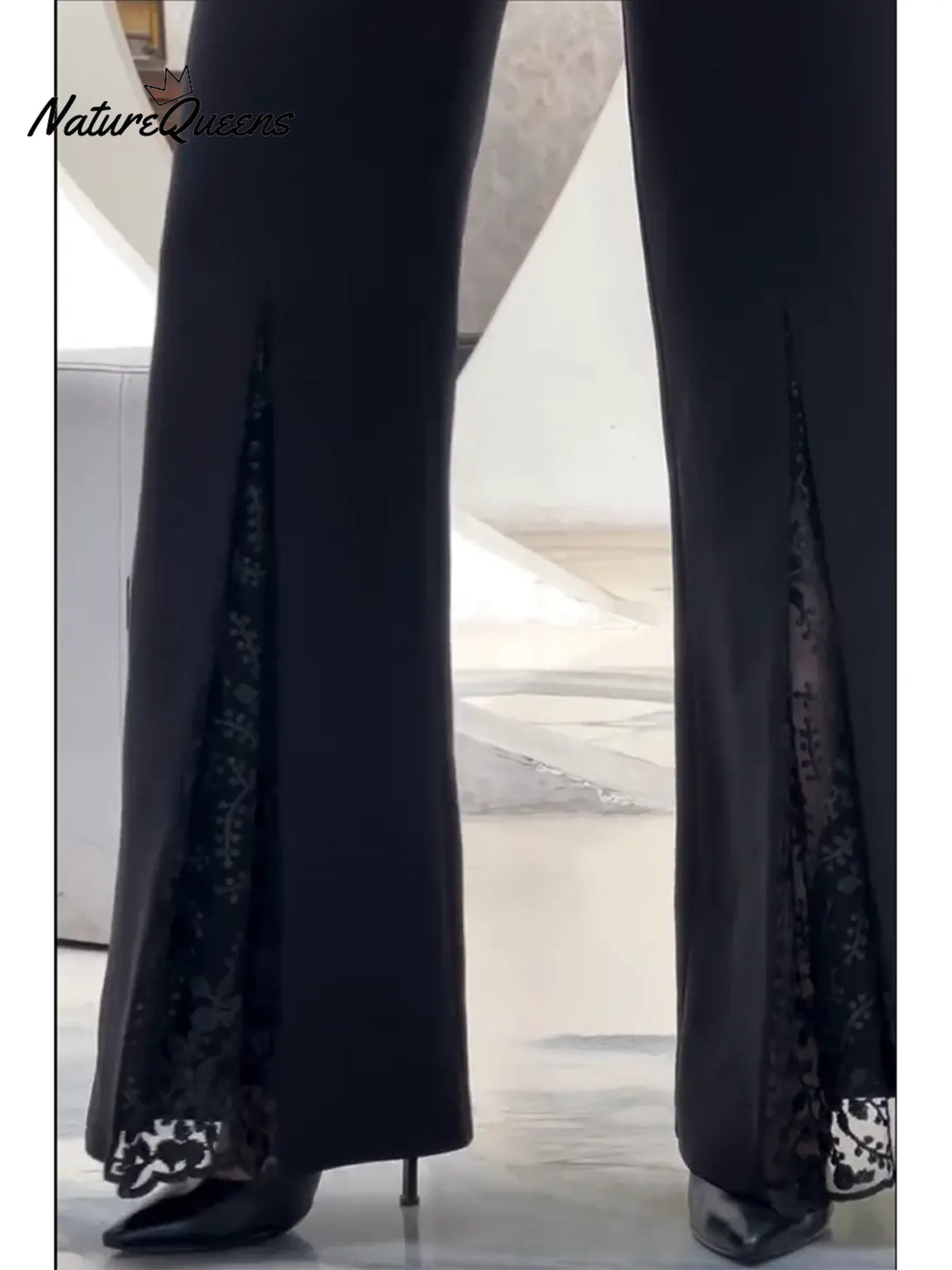 Women's Elegant Flared Trousers With Lace Detailing At The Front