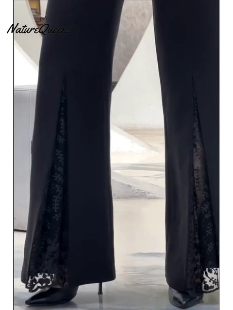 Women's Elegant Flared Trousers With Lace Detailing At The Front