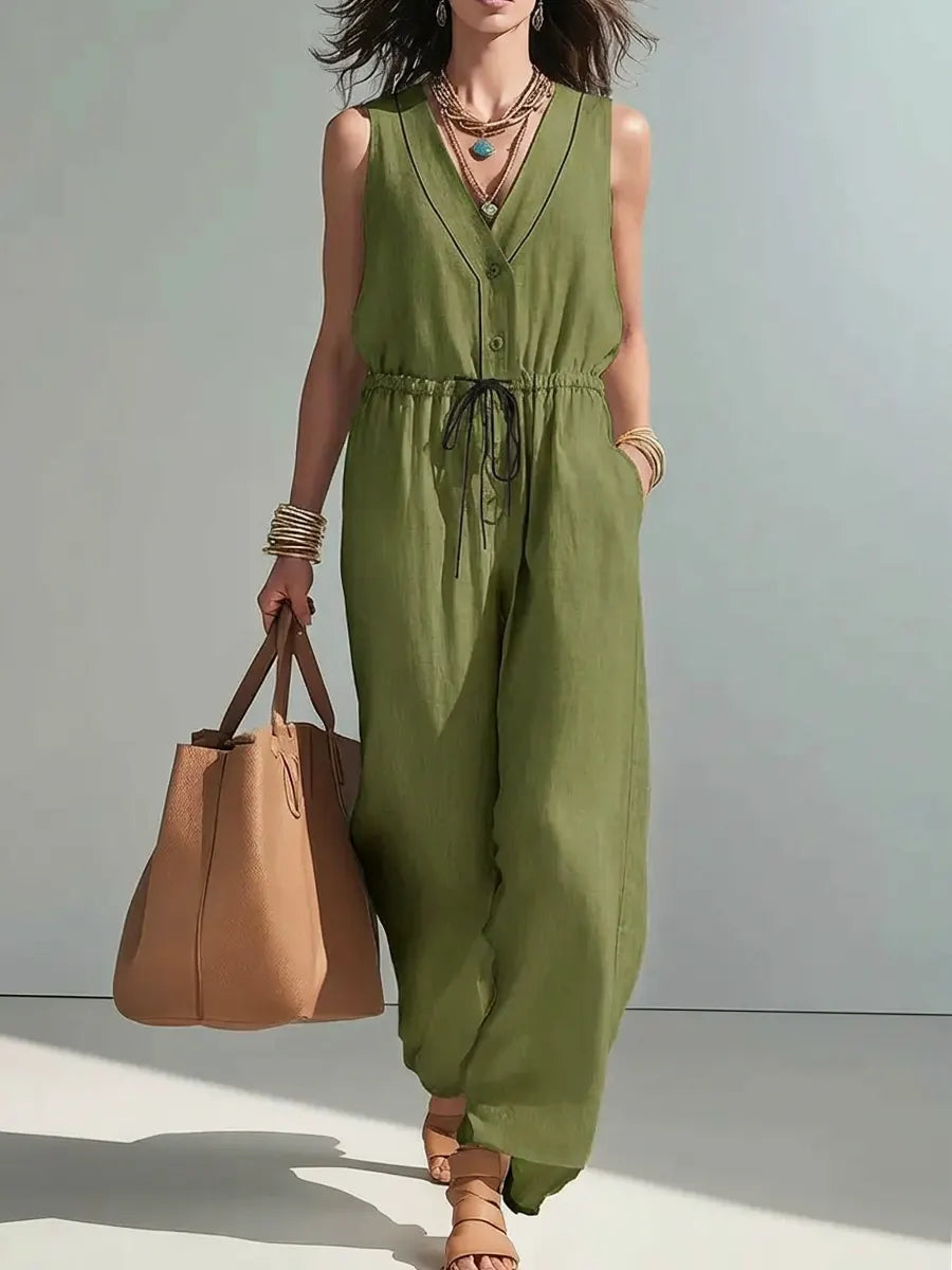 Women's Solid Color Art Button Stylish No Sleeve Cotton Jumpsuit