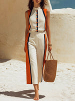 Women's Striped Color Block Art Comfortable Casual Stylish Top And Pants Cotton Linen Two-piece Set