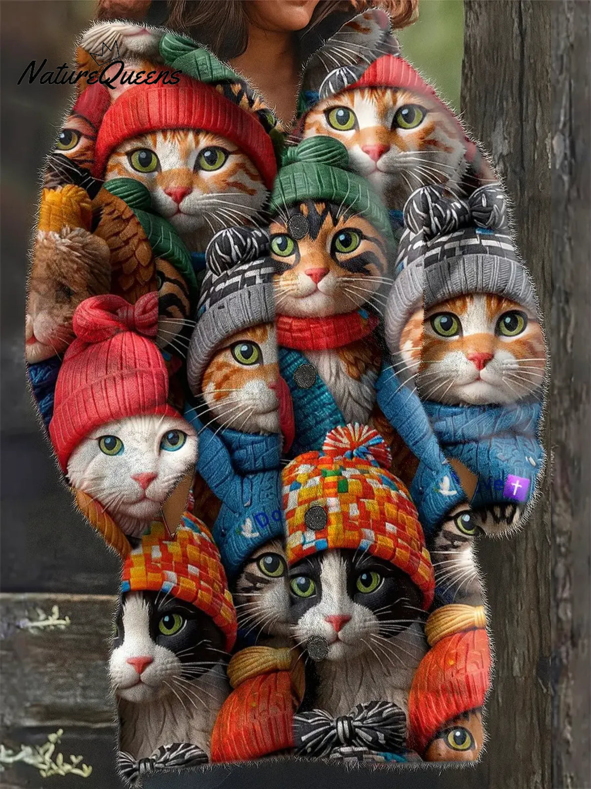 Women's Funny Cats Art Print Casual Fleece Coat