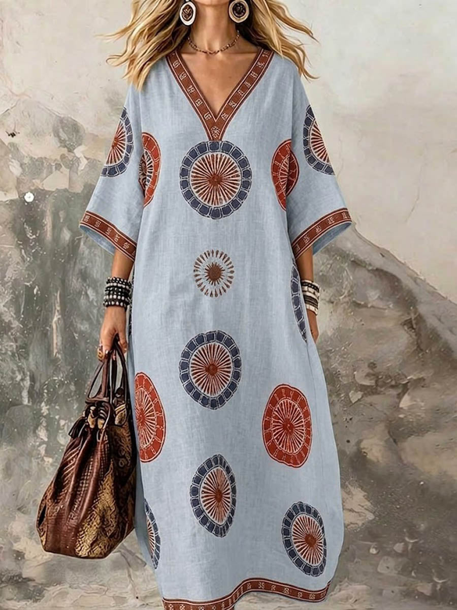 Women's Retro Geometric Print V-neck 3/4-sleeve Casual Loose Cotton-linen Dress