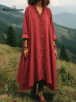 Vintage Casual Lace-trimmed V-neck Linen Dress
