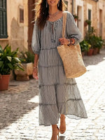 Women's Retro Striped Ruffled Art Casual Fashion Cozy Cotton Linen Dress