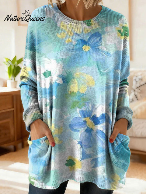 Women's Lovely Floral Flowers Pattern Art Print Casual Cotton Knitted Sweater