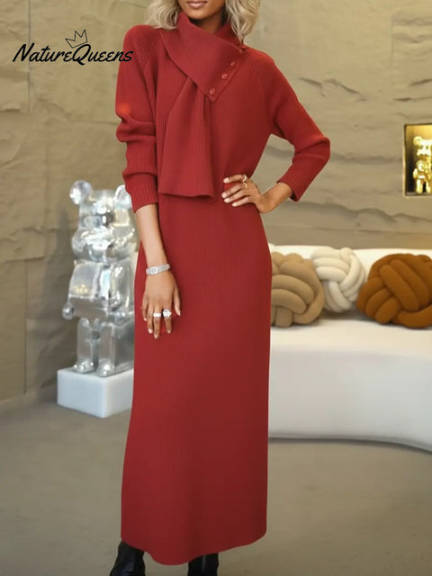 Women's Cozy Sweater Dress With Detachable Scarf