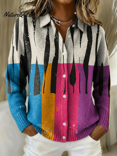 Women's Retro Colorful Abstract Geometric Printed Collared Sweater