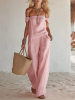 Vacation Leisure Off-shoulder Cotton-linen Jumpsuit
