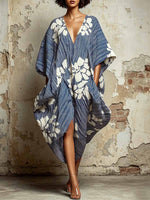 Women's Abstract Print V-neck 3/4-sleeve Casual Loose Cotton-linen Dress