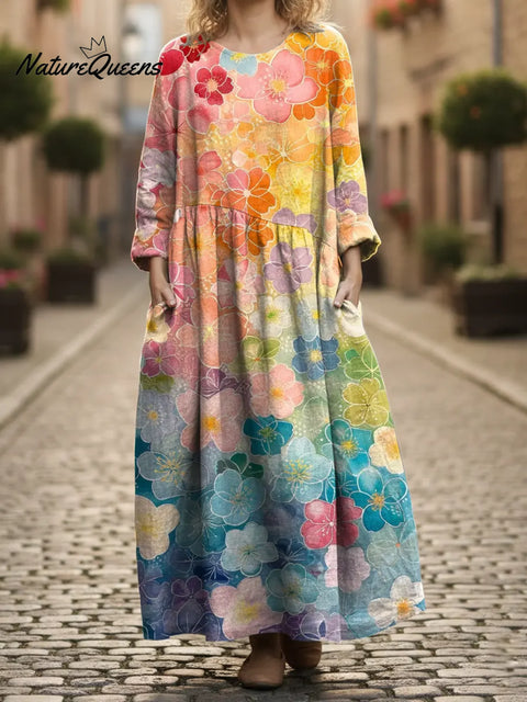 Women's Colorful Gradient Flowers Print Pocket Cotton Dress
