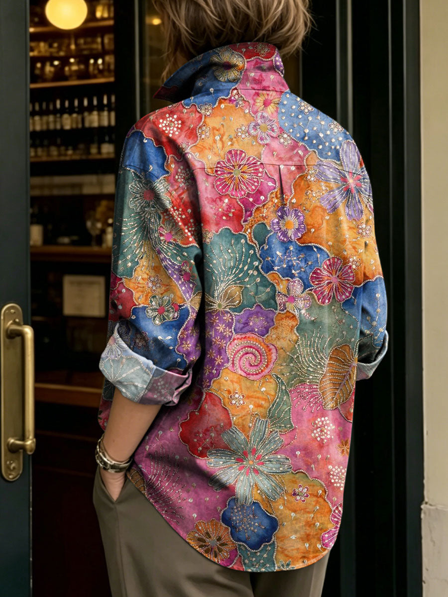 Women's Artistic Floral Print Metal-button Shirt